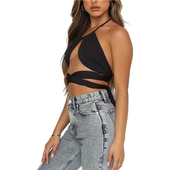 Black Multi Way Wrap Halter Crop Top Backless Sexy‎ Cutout Bandage Y2K Top - Picture 4 of 5